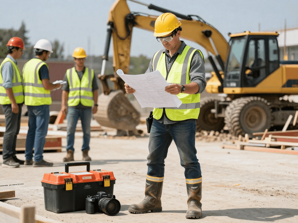 Worker in U-Power safety boots reviewing a blueprint on a busy construction site, surrounded by safety equipment and machinery.