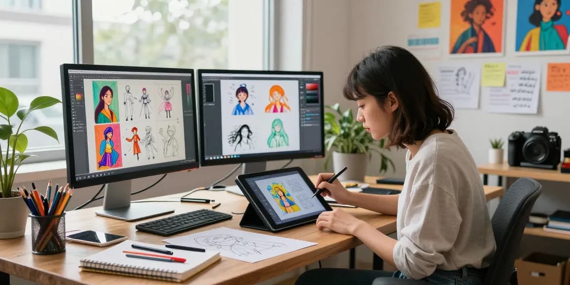 Creative artist crafting NSFW AI digital images in vibrant studio setting.