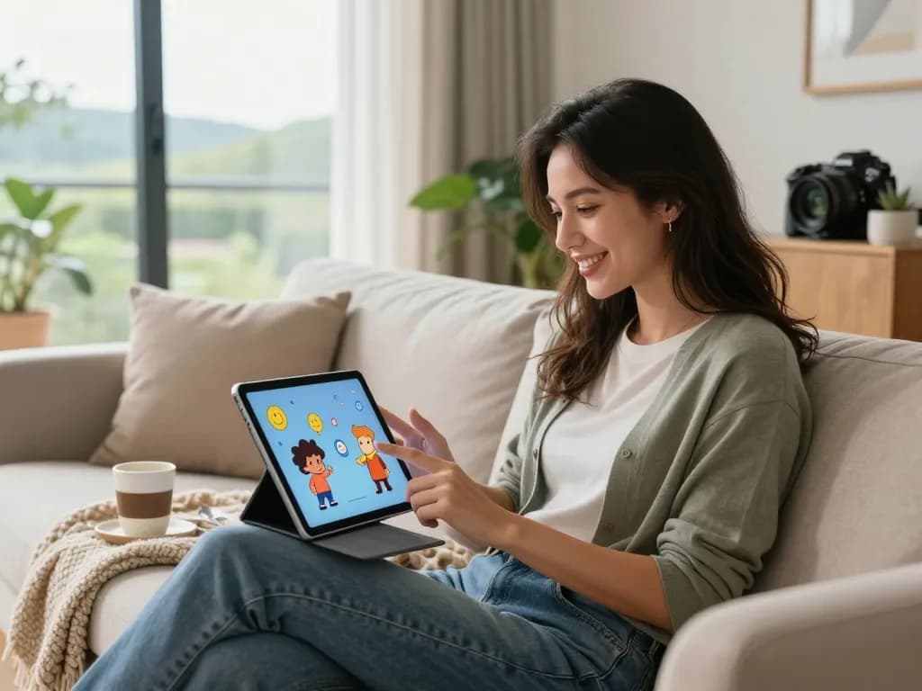 User interacting with an AI girlfriend on a tablet in a cozy living room, showcasing digital companionship.