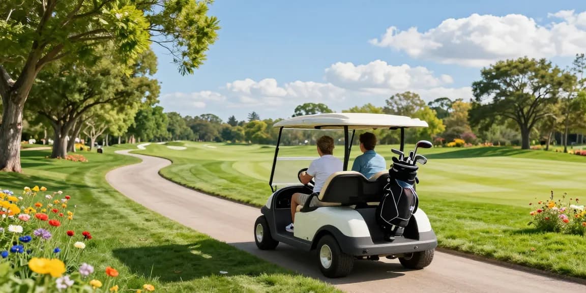 Family enjoying a ride in a stylish electric golf cart at Golf Cart Emporium, surrounded by green landscapes.
