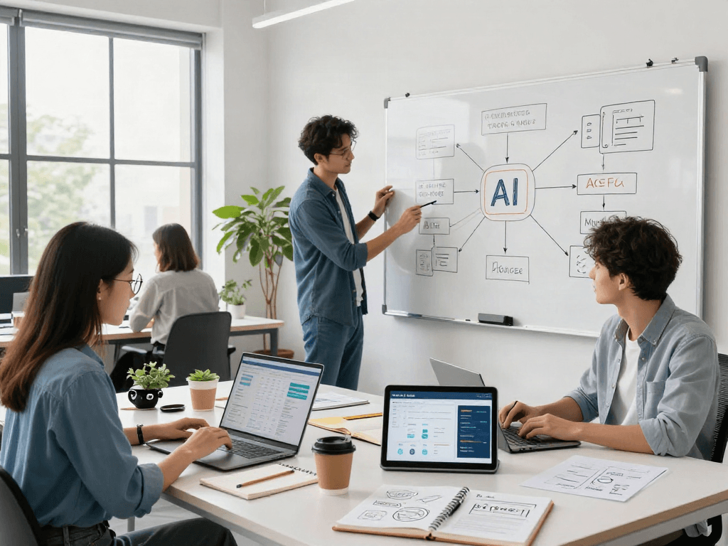 Collaboration among diverse professionals in AI workspace, exploring 18+ ai technologies and innovations.