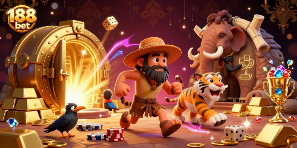 Experience the thrill of 188 bet with our vibrant prehistoric casino illustration featuring unique characters and elements.