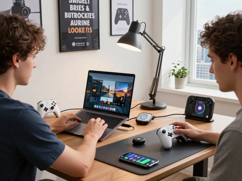 Showcasing the best tech gadgets for men in a modern workspace with Bluetooth devices.