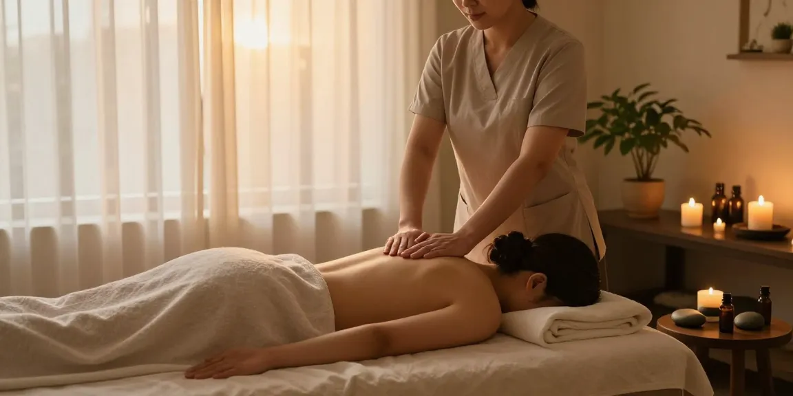 Enjoying a calming 안산출장안마 session in a tranquil massage therapy room with soft lighting and soothing ambiance.