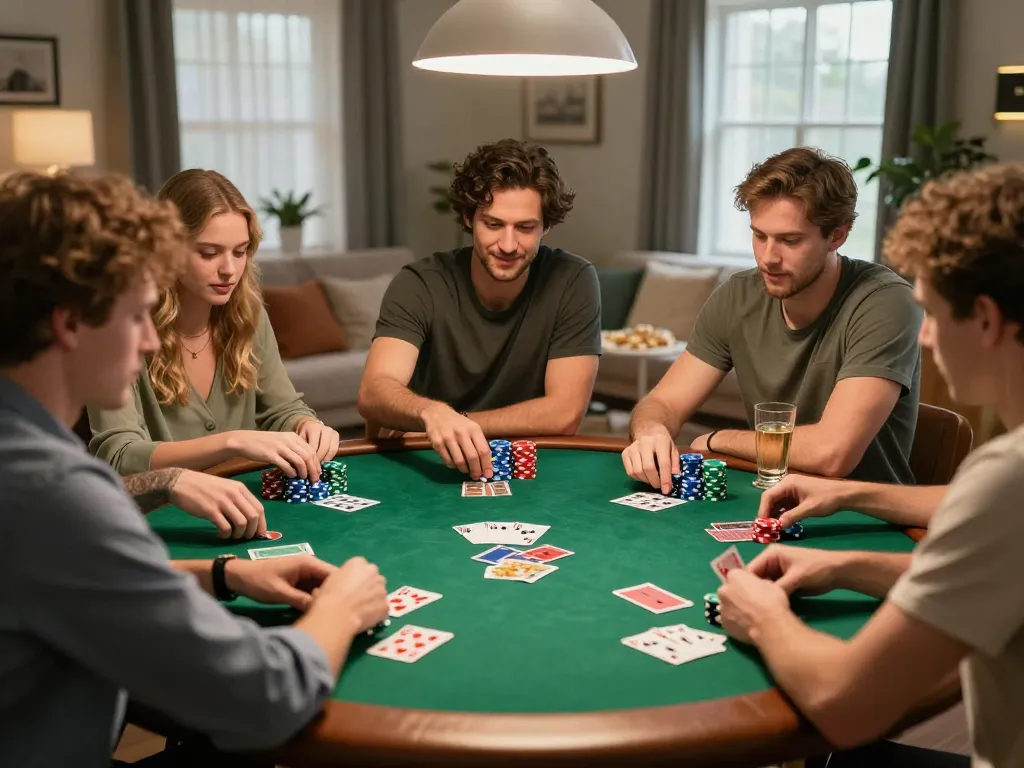 Friends enjoying a thrilling poker night, showcasing strategic gameplay and excitement over chips and cards in a cozy home.
