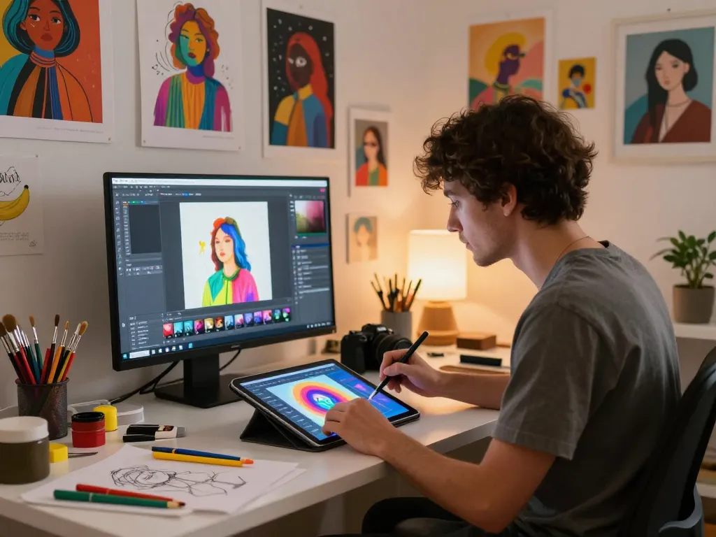 Artist using the nano banana flash AI platform in a colorful and creative workspace with art supplies and digital displays.