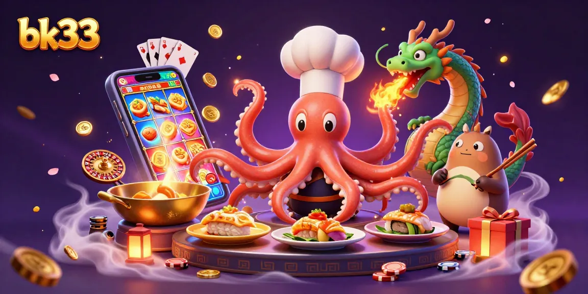 Join the exciting world of bk33 with a vibrant illustration of a sushi chef octopus crafting golden dishes amid gambling elements.
