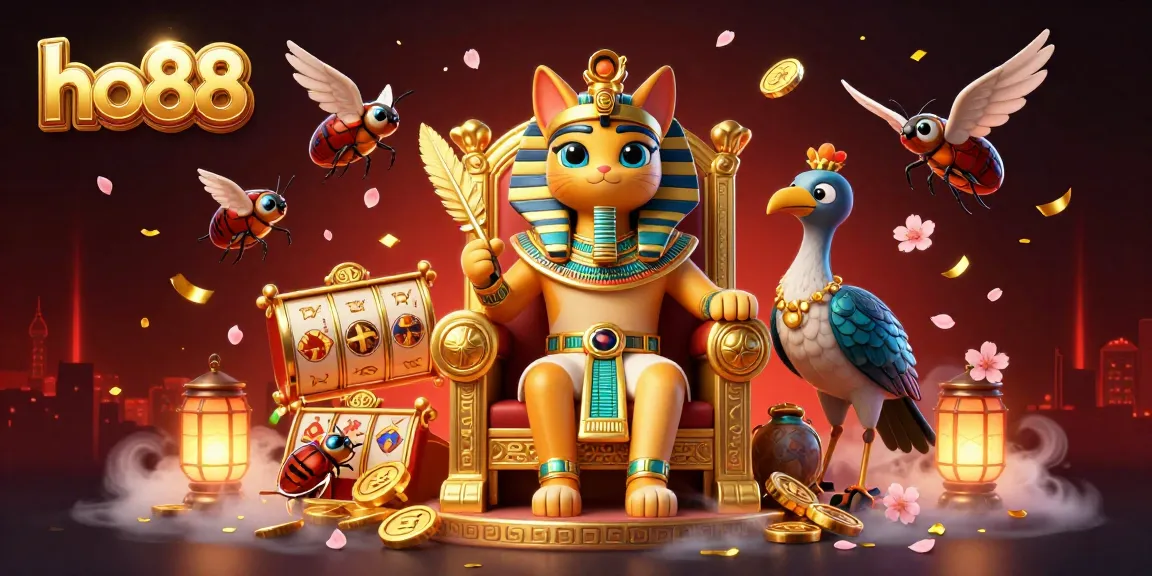 Engage with ho88 in a vibrant casino scene featuring a pharaoh cat, jewels, and slot reels.