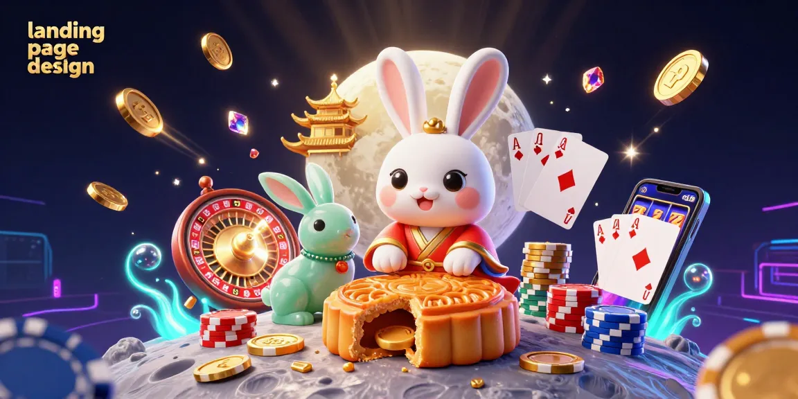 Engaging landing page design showcasing a moon rabbit theme in a vibrant casino illustration, featuring poker chips, roulette wheel, and slot machines.