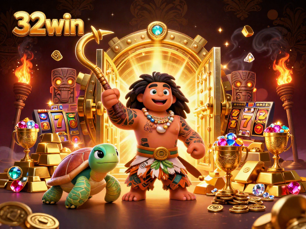 Engage with vibrant 32win imagery showcasing a Polynesian demigod in a casino setting filled with gold and energy.
