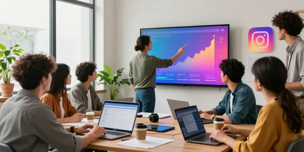 Team collaborating in a vibrant office to boost instagram followers through effective marketing strategies.