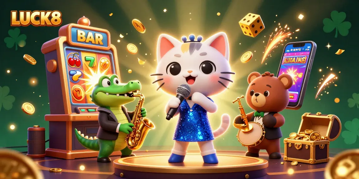 Experience the thrill with LUCK8's vibrant casino illustration featuring dynamic characters and exciting game elements.
