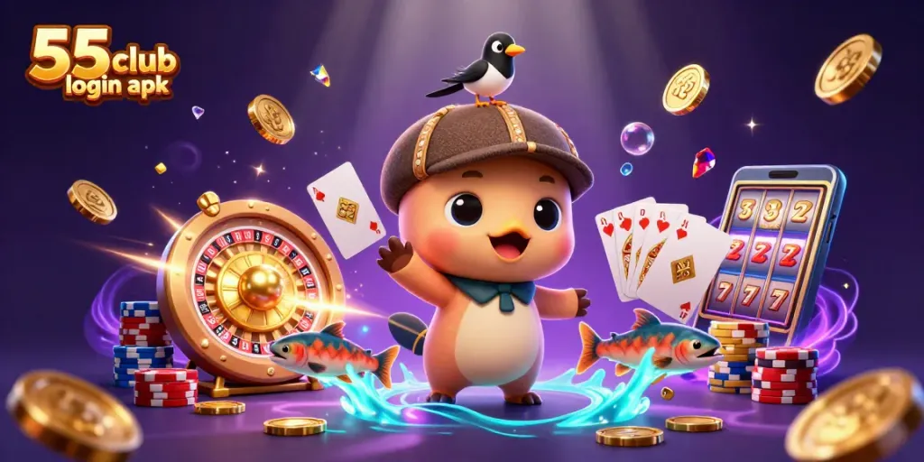 Engage in thrilling gameplay with 55 club login apk featuring exciting 3D characters amidst casino elements.