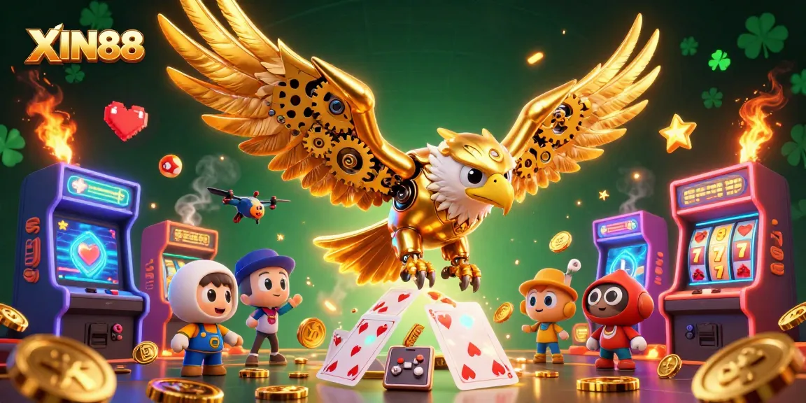 XIN88 features a golden eagle amidst holographic cards, showcasing vibrant casino excitement.