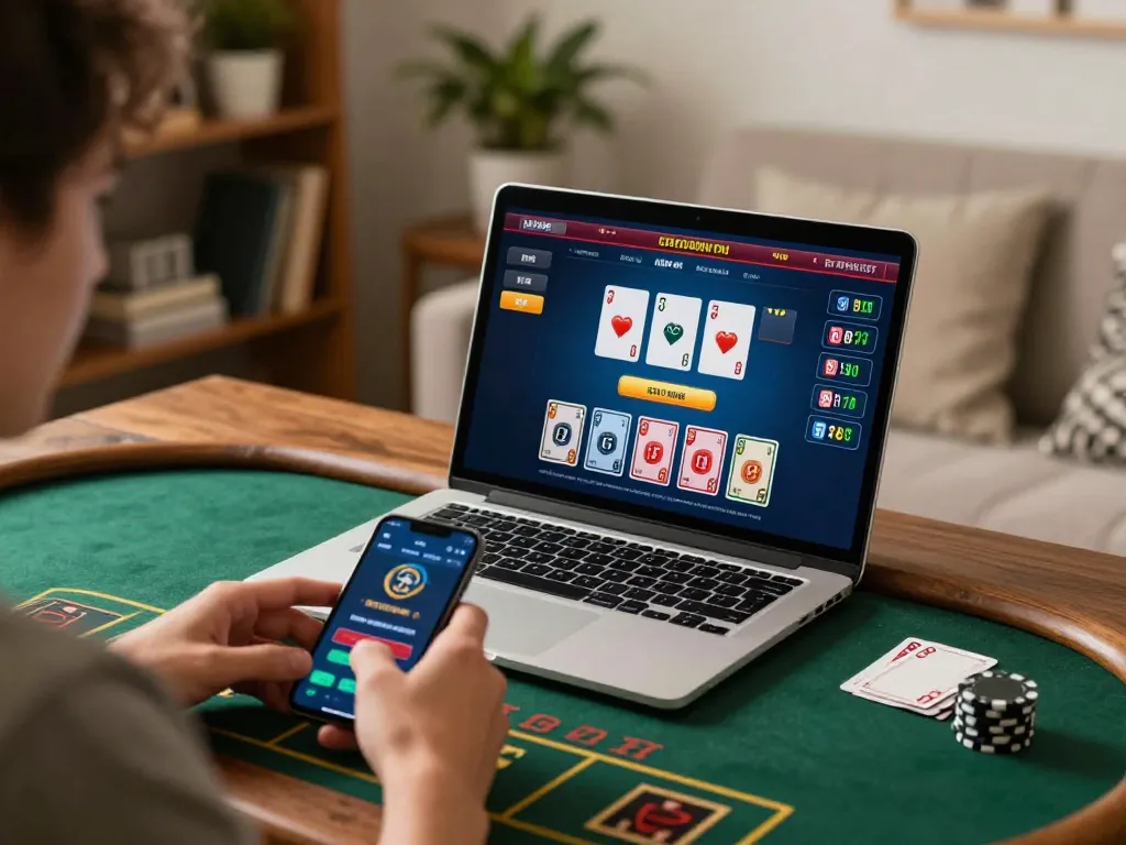 Engaging gameplay on 68win online casino, showcasing a player using a laptop and smartphone.