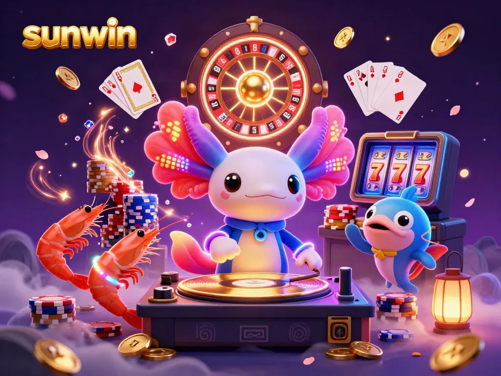 Experience thrilling fun with sunwin's vibrant gaming scene featuring an axolotl DJ and animated aquatic friends.