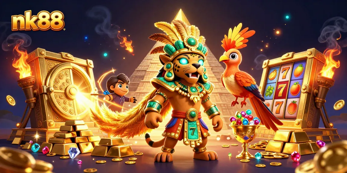 Spin to win with nk88 in this vibrant 3D casino scene filled with golden treasures!