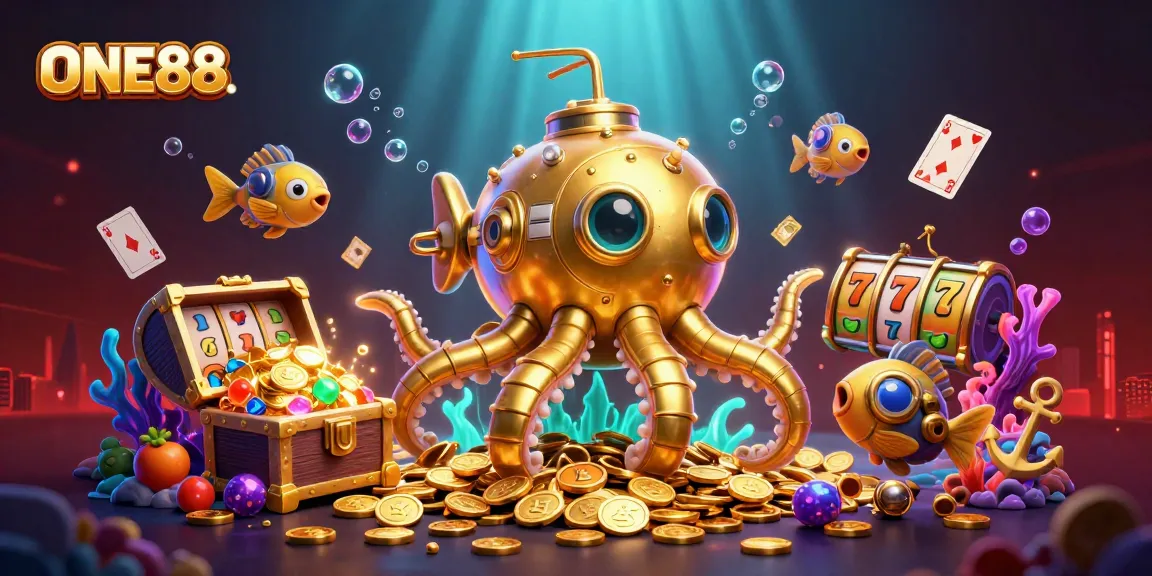 ONE88 gameplay scene featuring a golden kraken and slot elements surrounded by treasures.