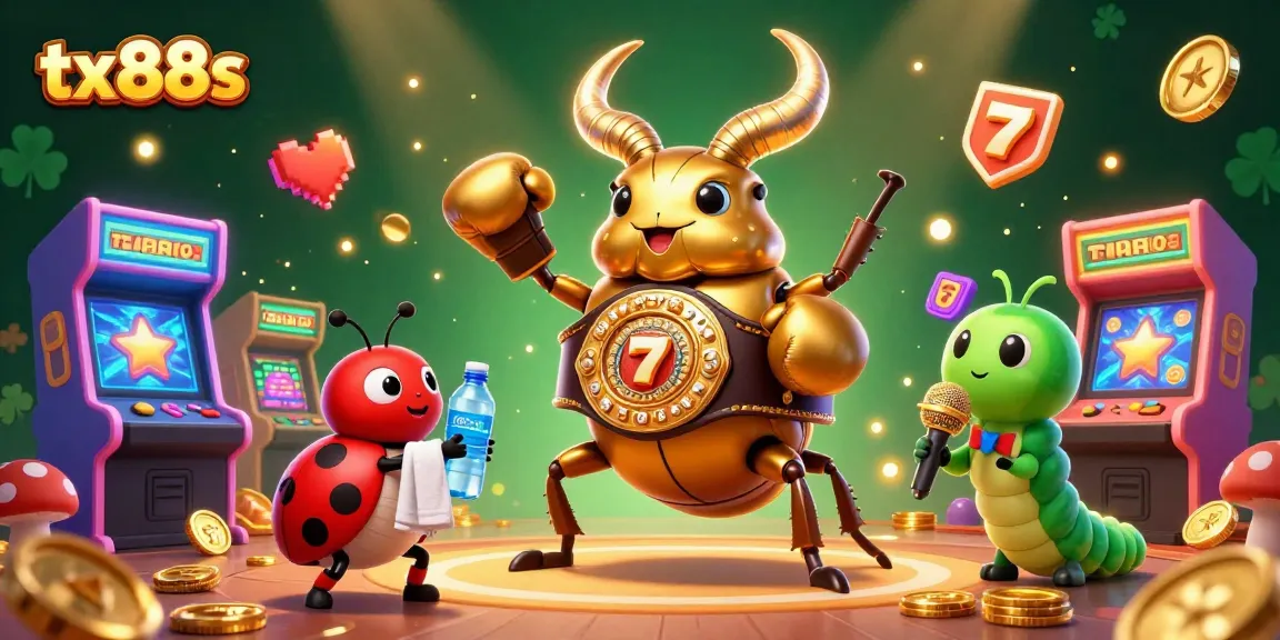 Play thrilling slot games at tx88s, featuring a unique battle scene with vibrant characters and casino elements.