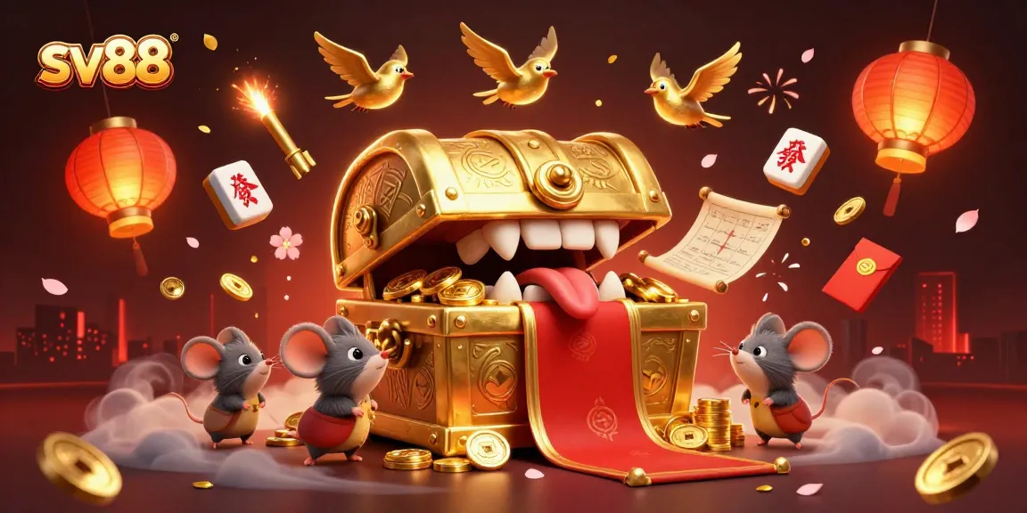 Experience the thrill of sv88 with a dynamic 3D casino illustration featuring adventurous mice and treasure.