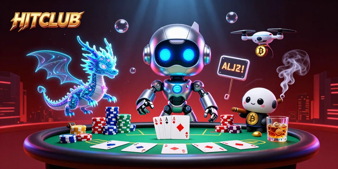 Engage in high-stakes poker with HITCLUB's dynamic 3D virtual casino world featuring various game elements.