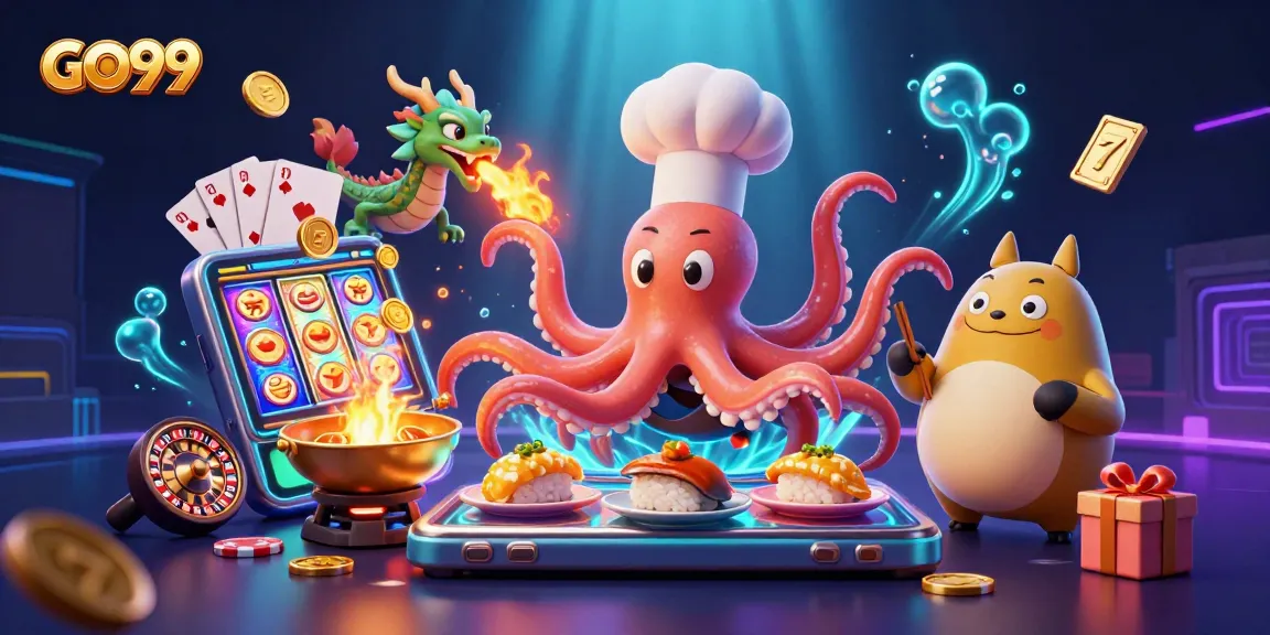 Engage with GO99 in a vibrant casino scene showcasing an octopus chef and dragon amidst dynamic gaming elements.