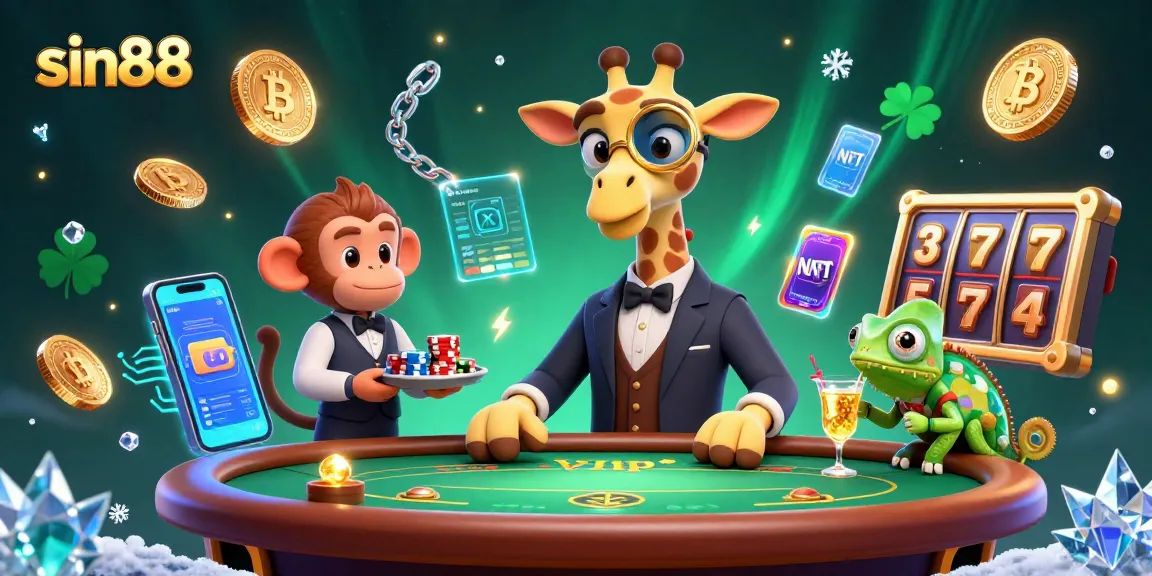 Sin88 captivates with vibrant 3D illustration showcasing a high-roller giraffe at a lively casino filled with crypto elements.
