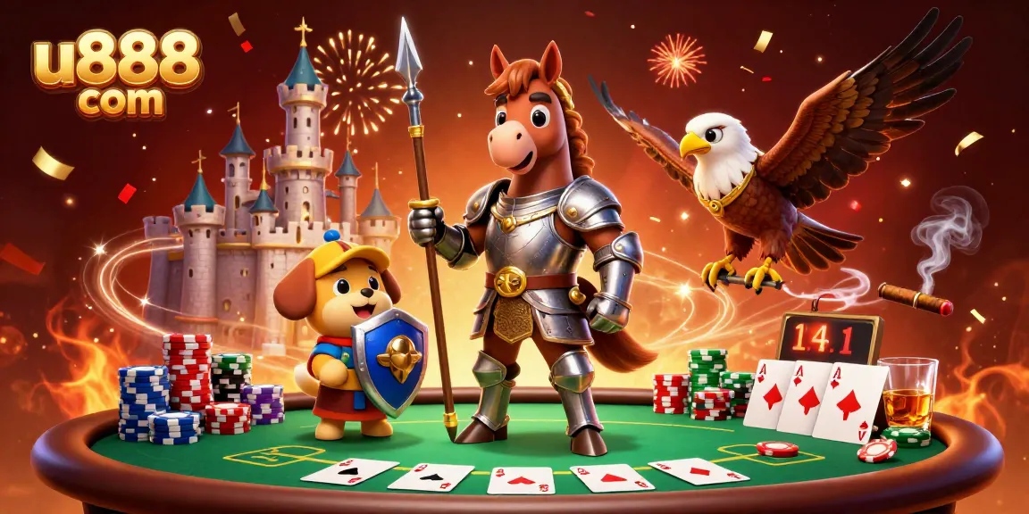 Engage with thrilling poker action at u888 com, featuring a knight, squire, and falcon.