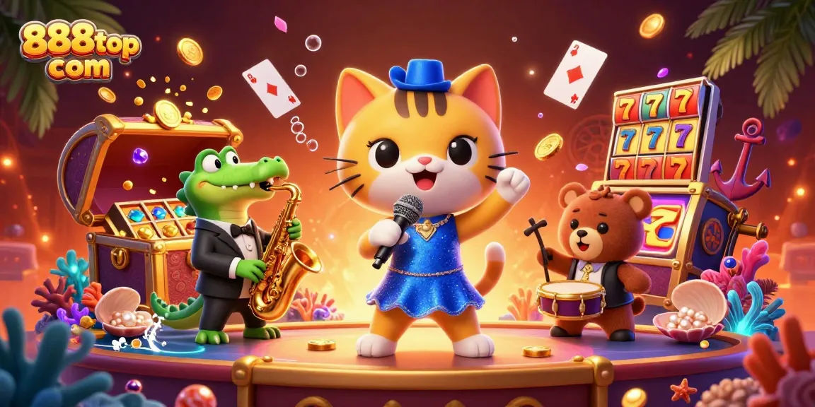Play engaging games at 888top com with vibrant characters performing in a lively casino atmosphere.