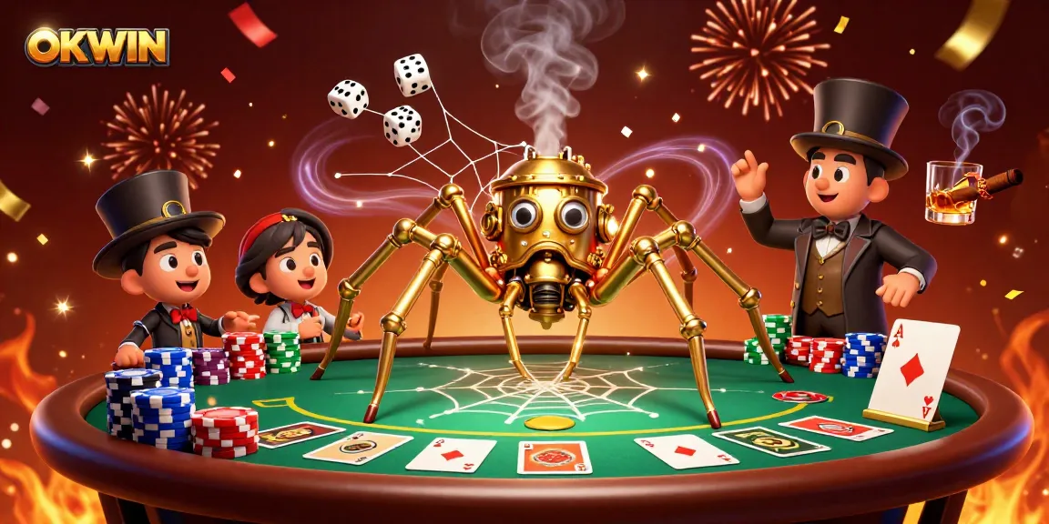 Engage with the OKWIN world where a golden spider catches dice in a shimmering poker scene.