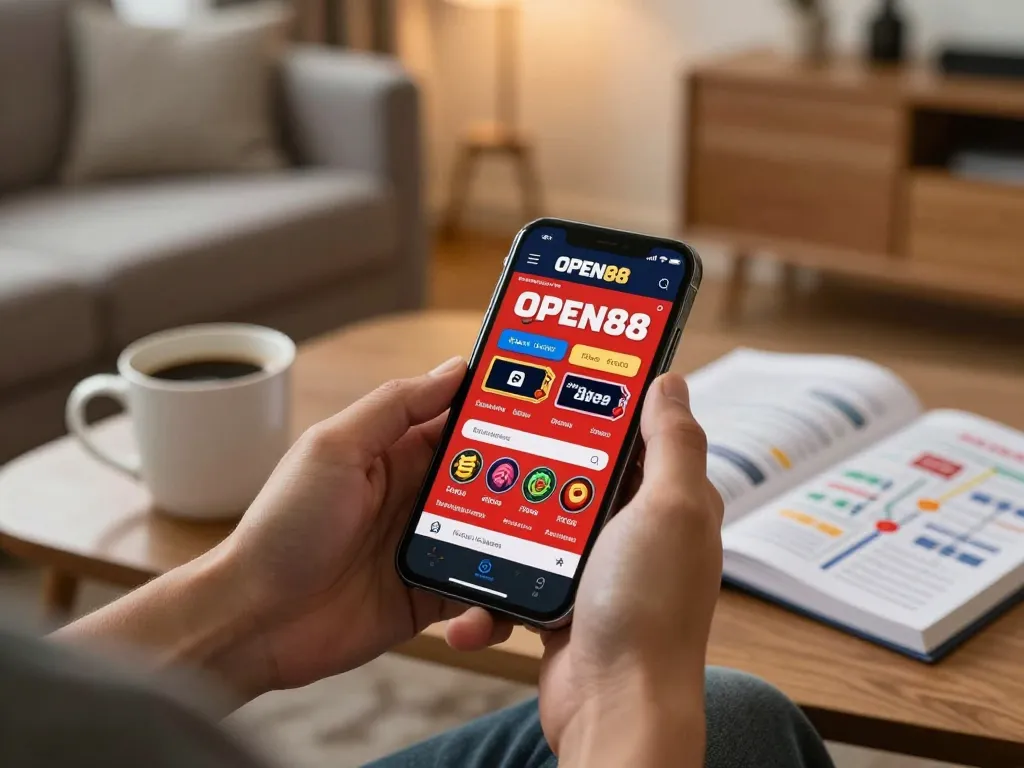 Engaging with the OPEN88 app for online gambling in a cozy home environment.
