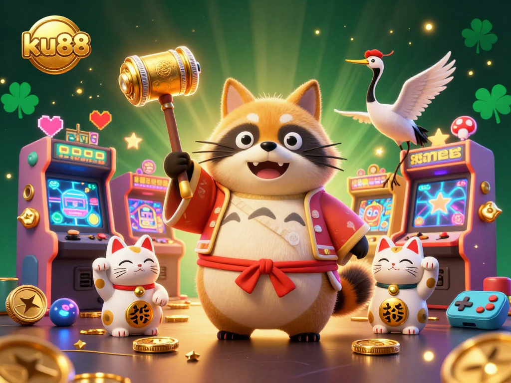 Experience winning thrills at ku88 with cheerful tanuki, lucky cats, and vibrant casino gaming elements in action.