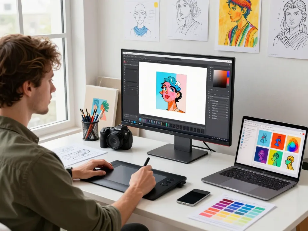 Digital artist creating with Nano Banana AI in vibrant creative workspace filled with sketches and tools.