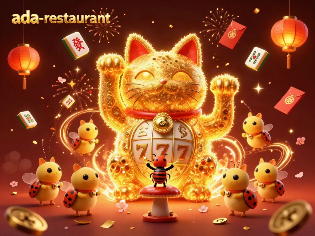 Engage in casino excitement with ada-restaurant’s vibrant lucky cat scene illuminated by golden fireflies