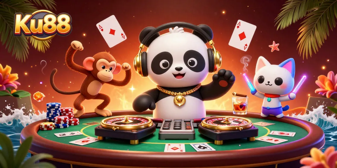 Ku88 brings excitement alive with vibrant characters and rich casino elements in this dynamic illustration.
