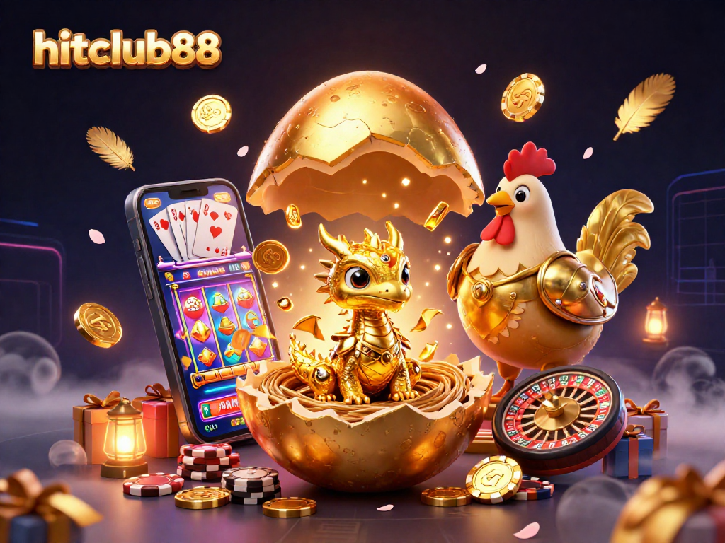 Experience the thrill of hitclub88 with a golden dragon revealing riches amidst vibrant casino elements.