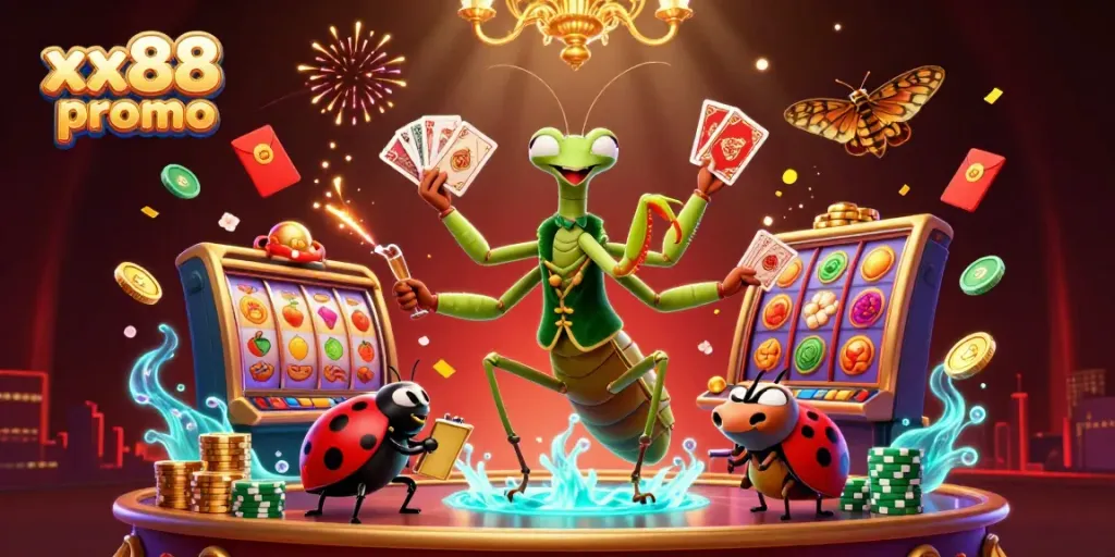 Experience the excitement of xx88 promo with vibrant casino elements and lively characters.
