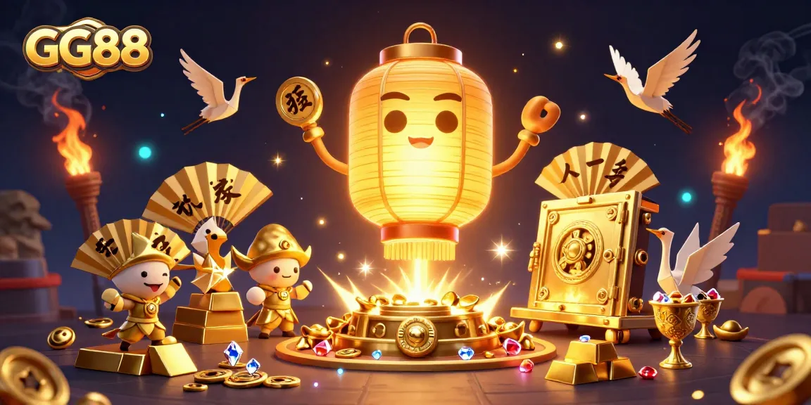 Engage with the thrilling atmosphere of GG88 through a vibrant casino scene featuring golden characters and rich gaming elements.