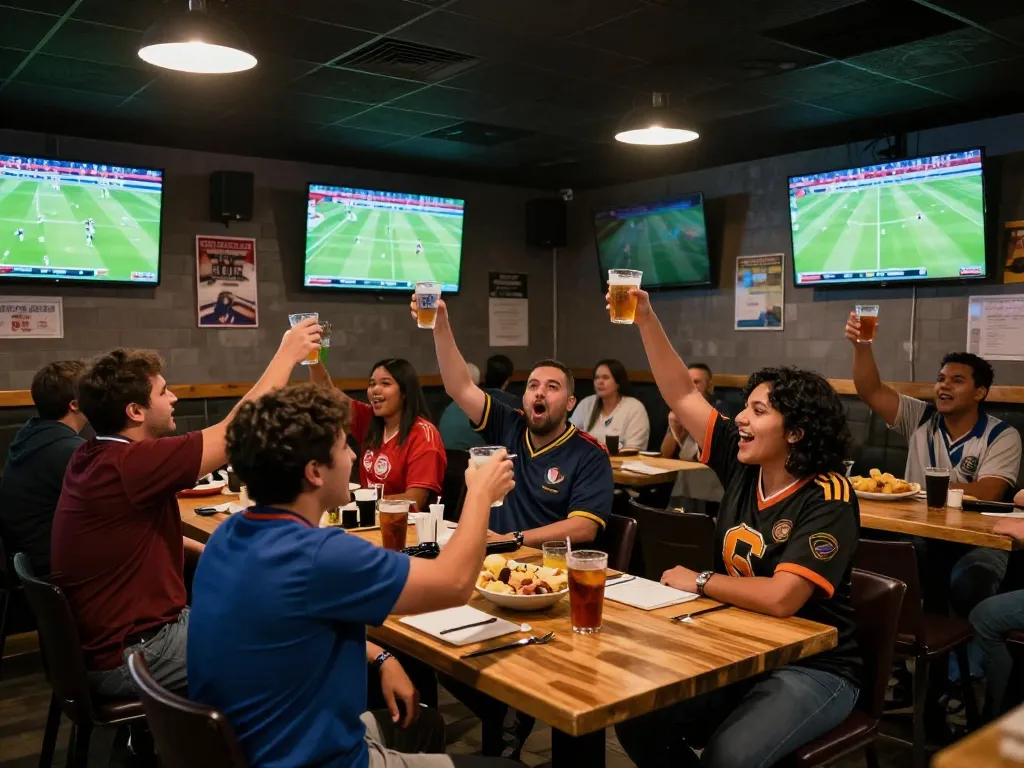 Fans enjoying live football on Luongsontv, celebrating exciting moments with friends in a lively sports bar atmosphere.