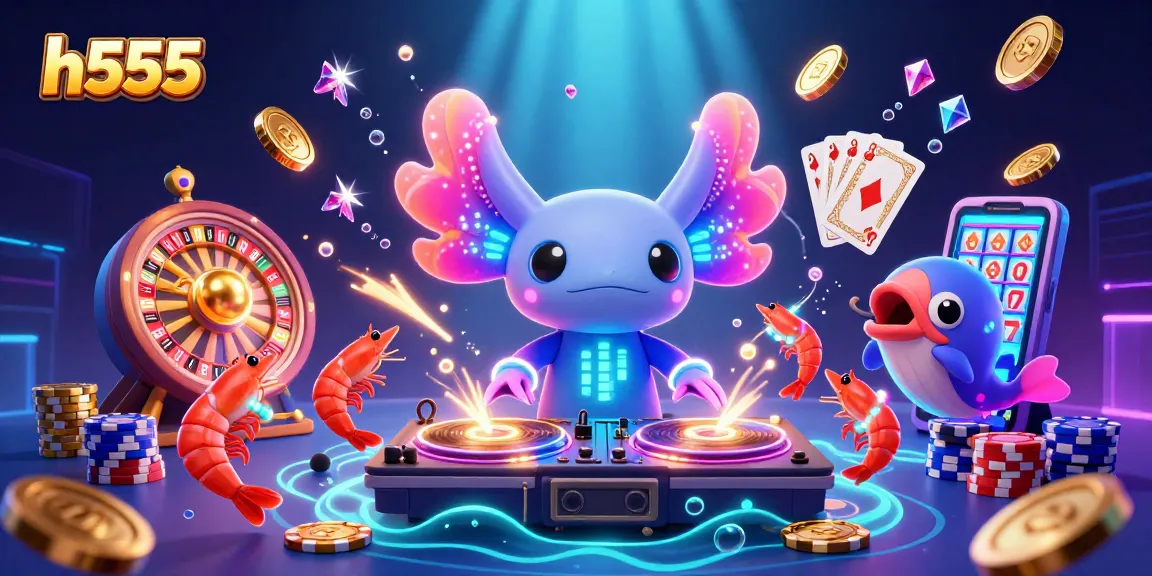 h555 features a neon axolotl DJ spinning at a vibrant underwater casino party.