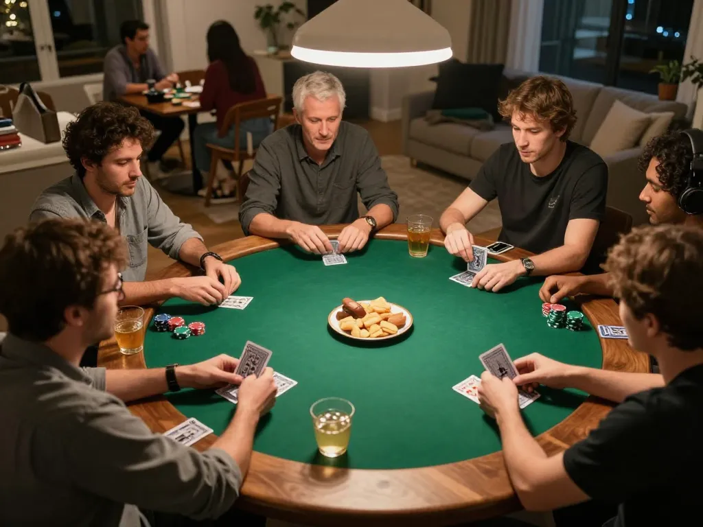 open88 players strategizing in a friendly poker game at home with cozy atmosphere