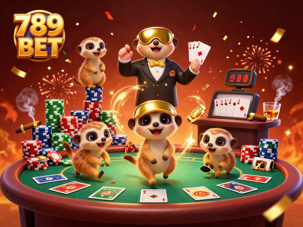 In a lively casino scene, a colony of meerkats operates a 789 BET gambling table with colorful poker chips and cards.
