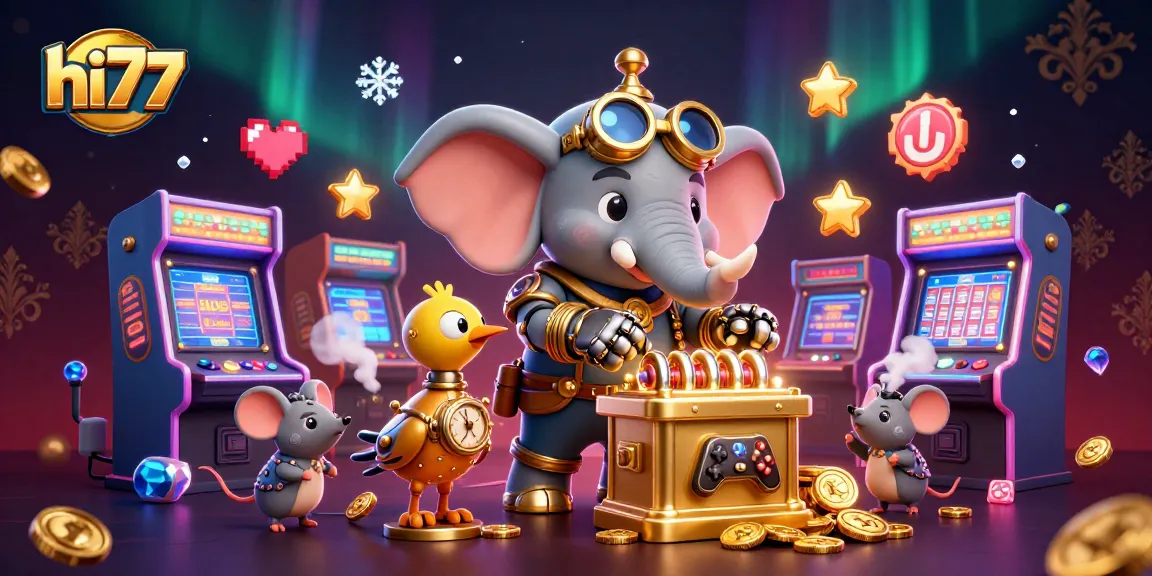 Experience the thrilling gaming with hi77 as a steampunk elephant operates a golden slot machine amidst vibrant gaming elements.
