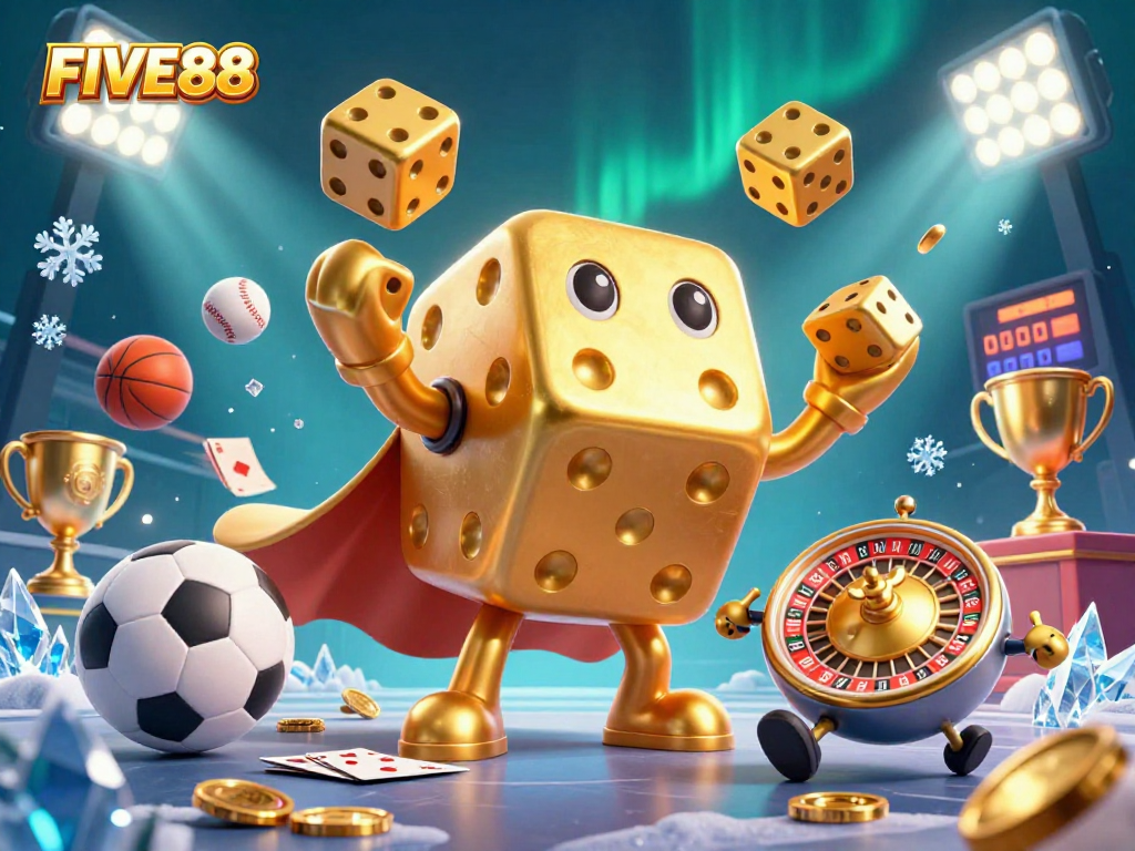 Engage with FIVE88 and witness a spectacular performance showcasing a golden dice golem amidst dazzling casino elements.