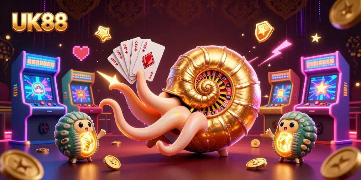 Experience thrilling gameplay with UK88, featuring a 3D nautilus roulette wheel and glowing game elements.