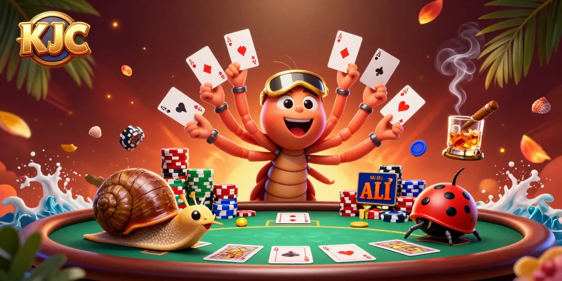 KJC card dealer showcases an exciting poker scene with vibrant casino elements, enhancing the gaming experience.