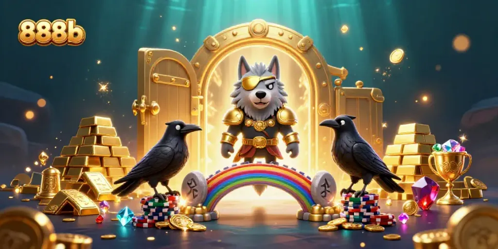 Engage with 888b's vibrant casino world featuring Odin and his ravens amidst treasures.