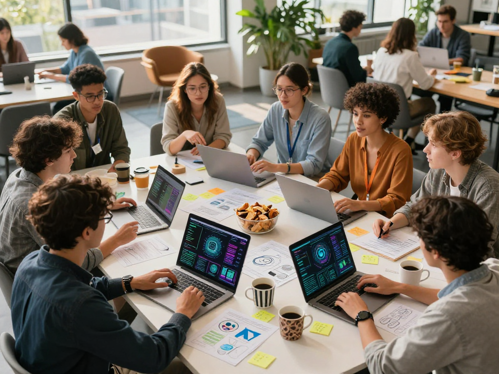 Team brainstorming innovative 18+ ai solutions in a vibrant co-working space