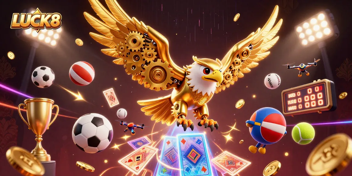 LUCK8 engages players with stunning holographic elements and dynamic sports visuals in a vibrant casino scene.