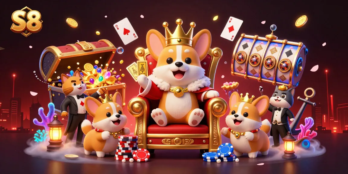 Experience excitement at S8 with playful corgi royalty and gaming treasures in a unique illustration.